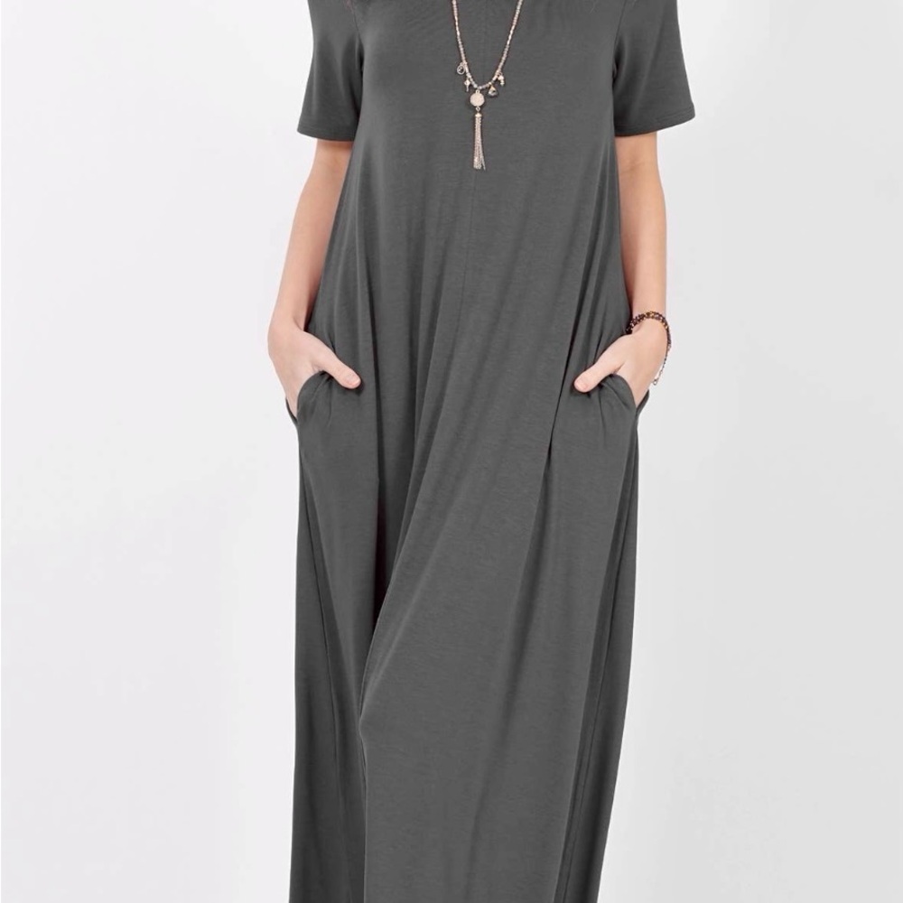 Gray Casual Short Sleeve Crew Neck Maxi Sundress